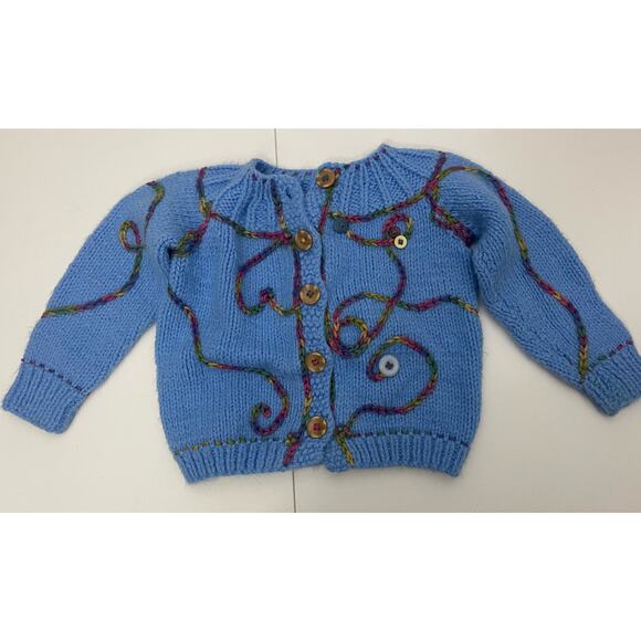 Infant Hand Knit Blue Cardigan Sweater with Embellishment - Size 6-12 mo - Picture 1 of 4